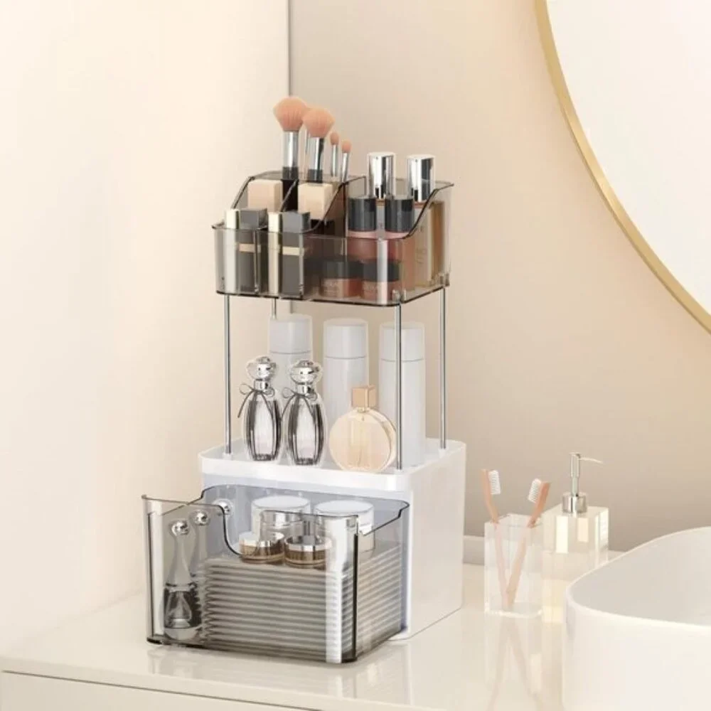 New 3-Tier Gray Makeup Organizer, Small Countertop Drawer Storage for Skincare